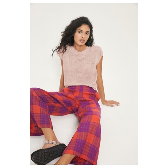 Eva Franco Anthropologie Plaid Pink & Purple Wide Leg Linen Pants - Picture 4 of 5